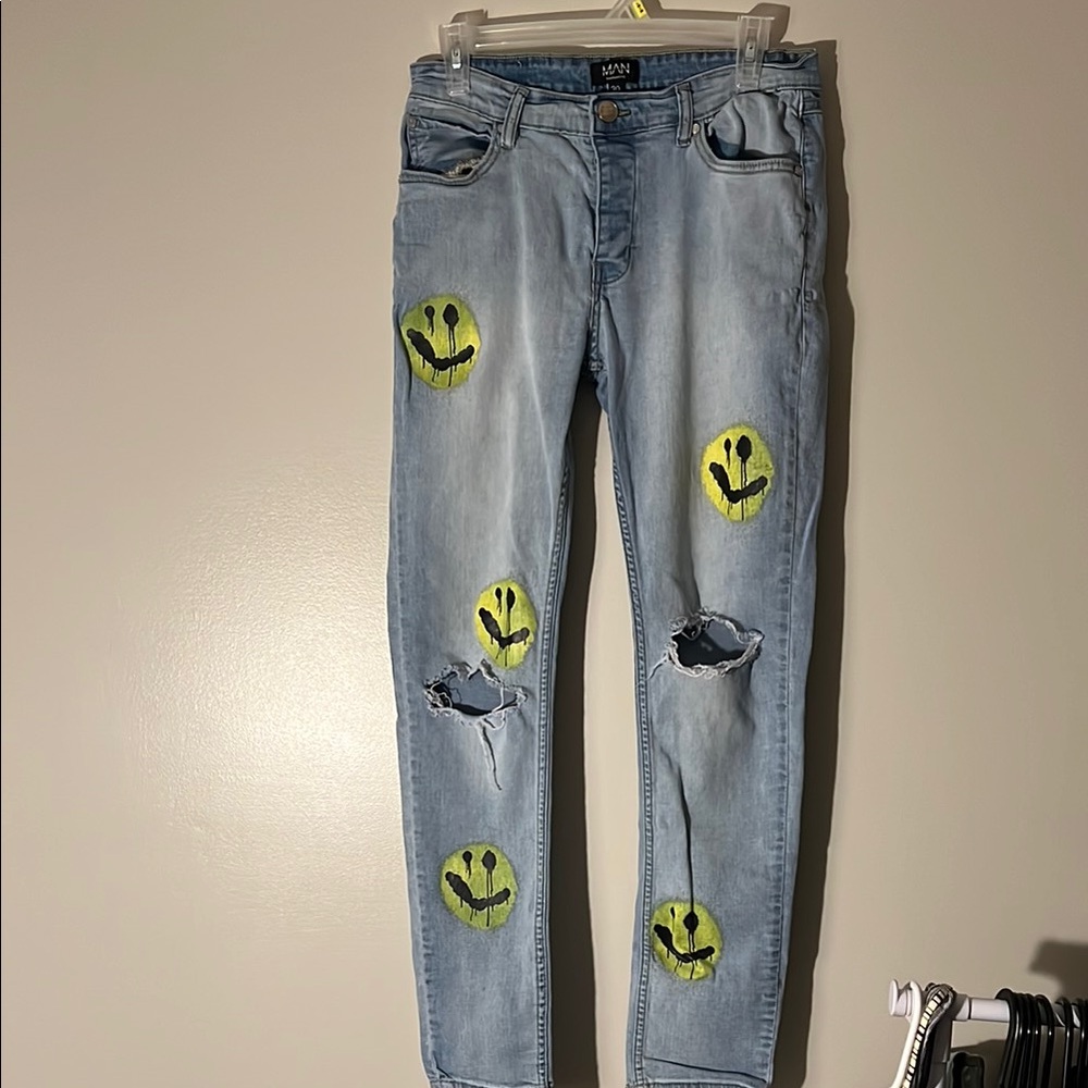 Women's Blue Jeans with Yellow Smiley Design